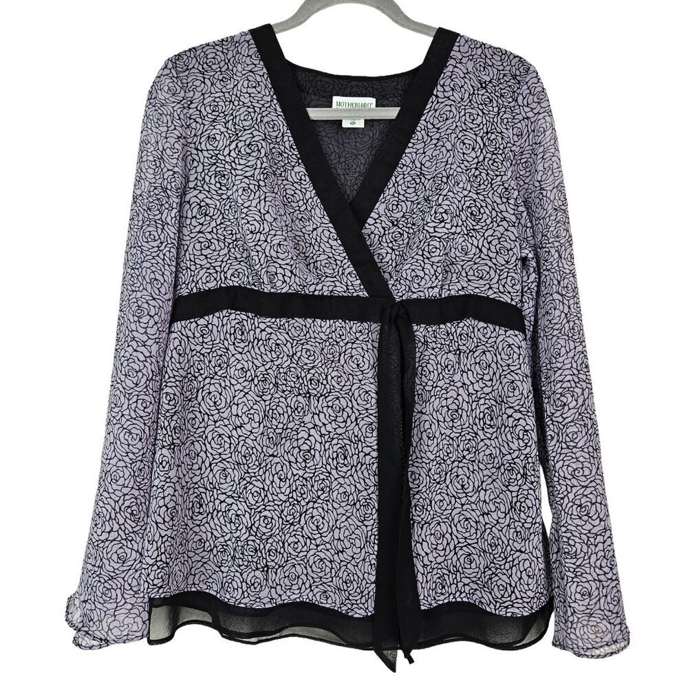 Motherhood Maternity Layered Semi-Sheer Bell Sleeve Lavender Rose Faux Wrap Top